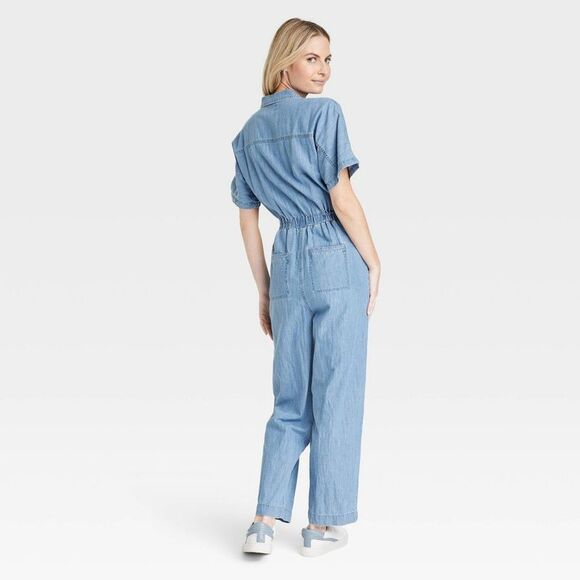 Women's Button Down Short Sleeve Jumpsuits Front Ties, Blue - Picture 2 of 3
